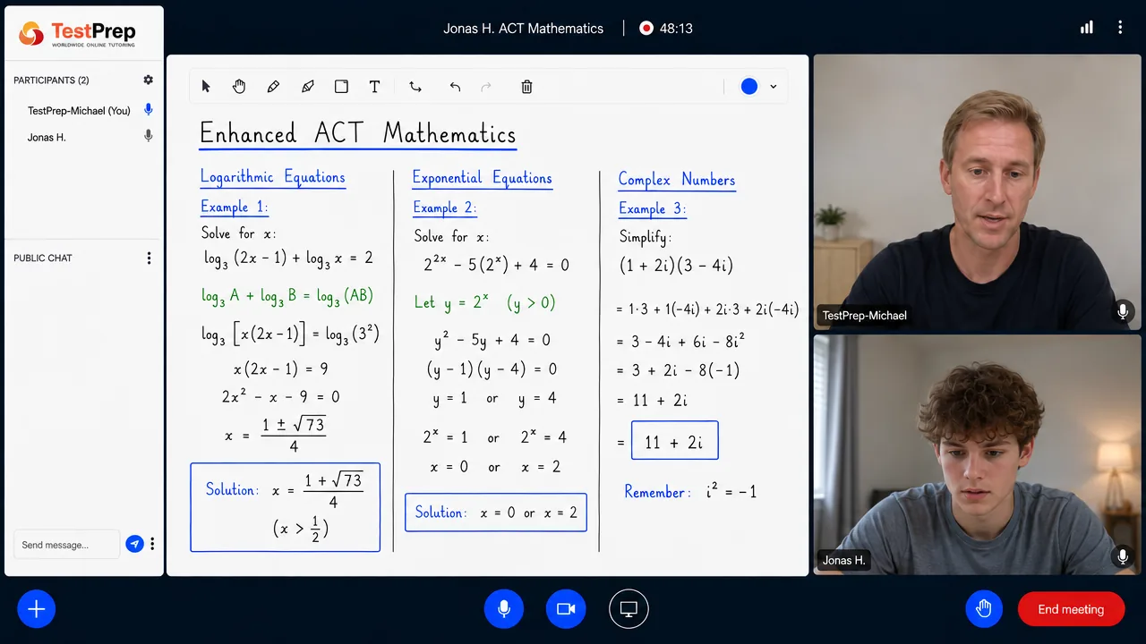 From a TestPrep ACT Mathematics private lesson — a logarithmic equation with a domain check, an exponential equation by substitution and a complex-number product