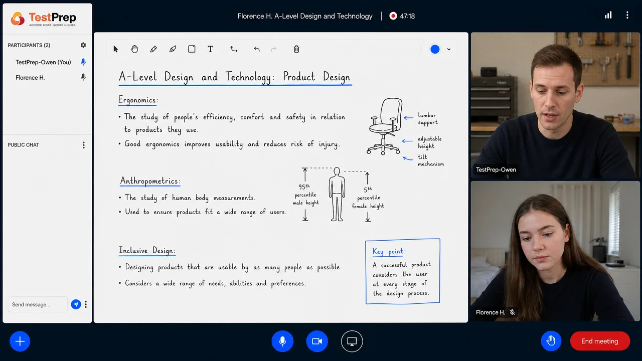 From a TestPrep A-Level Design and Technology private lesson — ergonomics, anthropometrics and inclusive design, with a labelled office chair and a percentile diagram