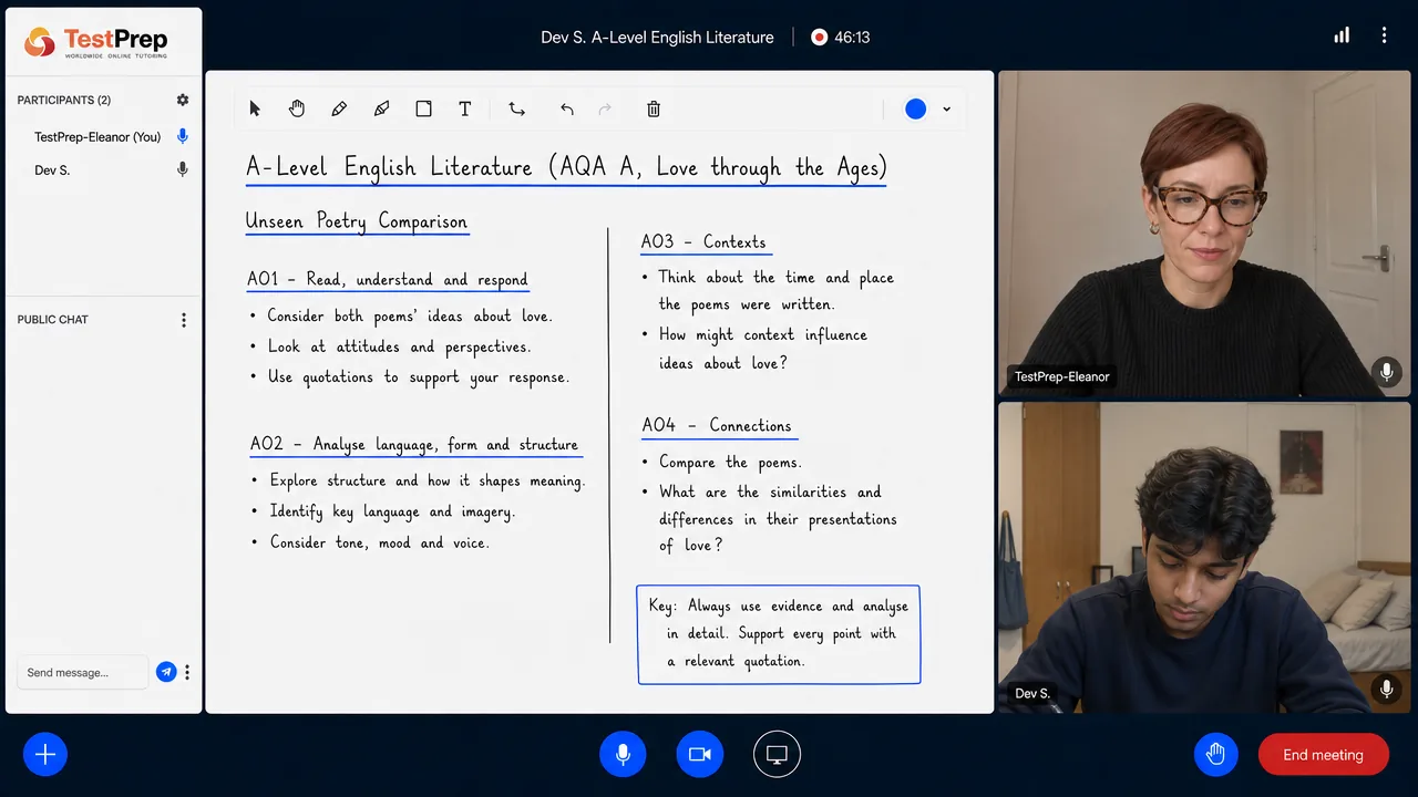 From a TestPrep A-Level English Literature private lesson — comparing unseen poems, organised by assessment objectives AO1 to AO4
