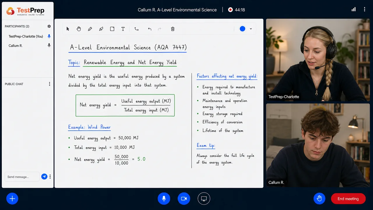From a TestPrep A-Level Environmental Science private lesson — renewable energy and net energy yield, with a wind-power worked example
