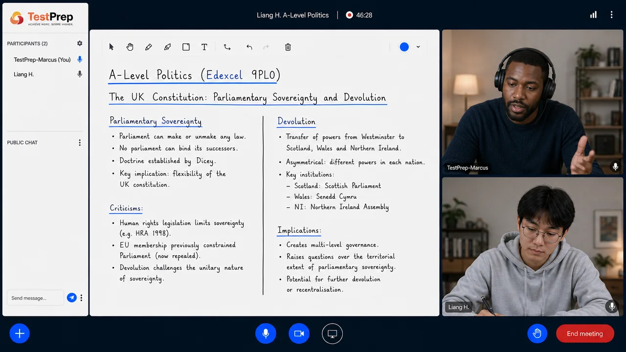 From a TestPrep A-Level Politics private lesson — the UK constitution: parliamentary sovereignty and devolution