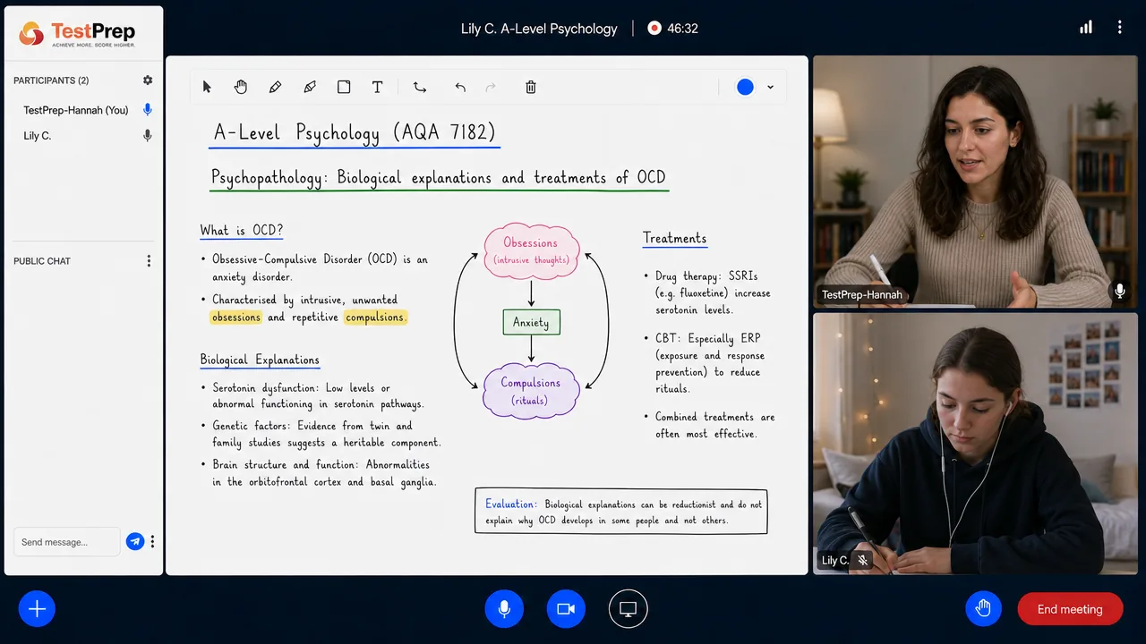 From a TestPrep A-Level Psychology private lesson — psychopathology: OCD, its biological explanations, treatments and evaluation