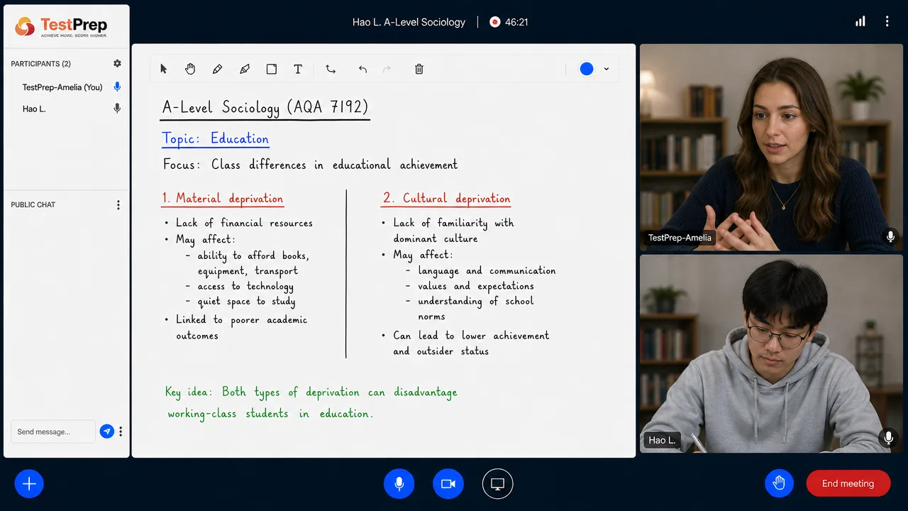 From a TestPrep A-Level Sociology private lesson — education: class differences in achievement, material and cultural deprivation