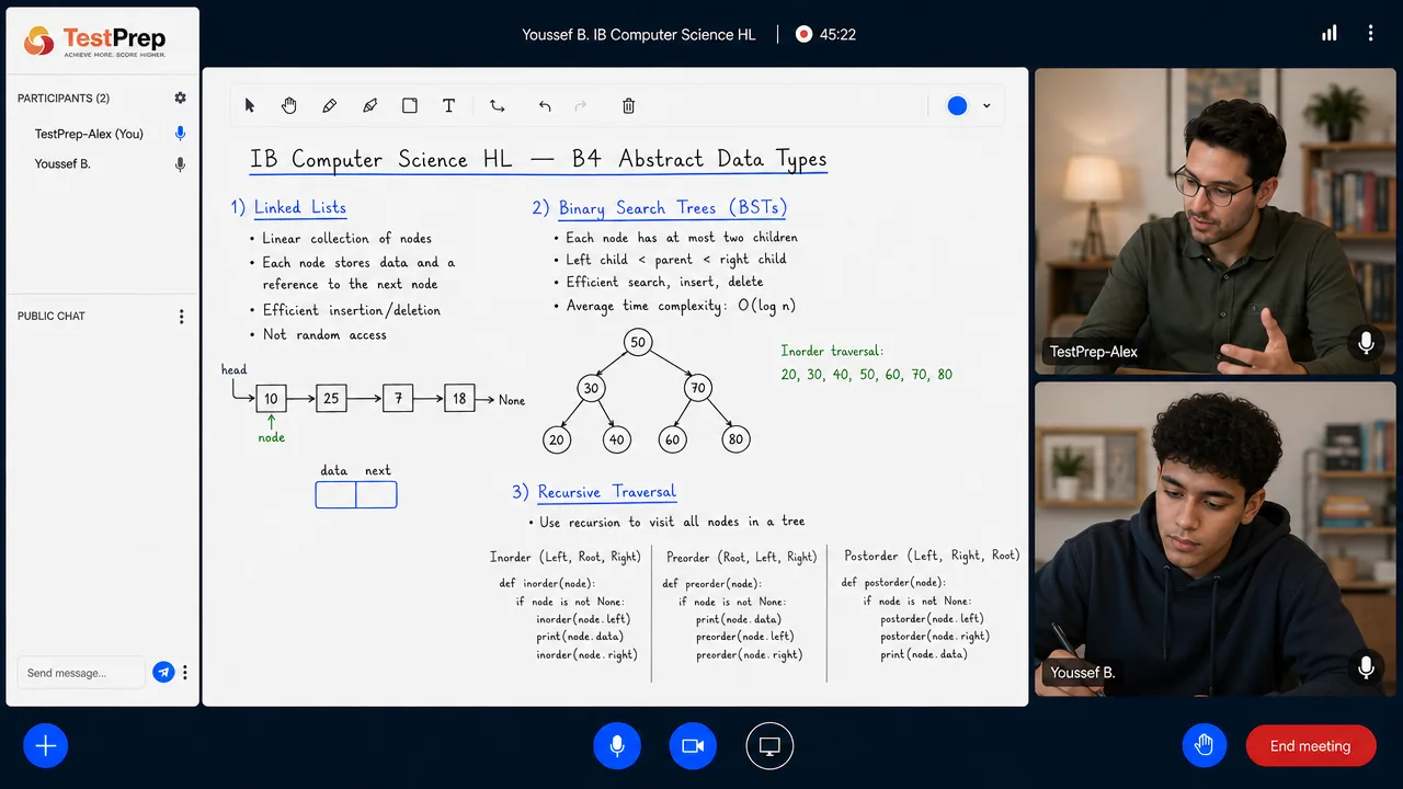 From a TestPrep IB Computer Science HL private lesson — abstract data types: a linked list, a binary search tree and recursive tree traversals
