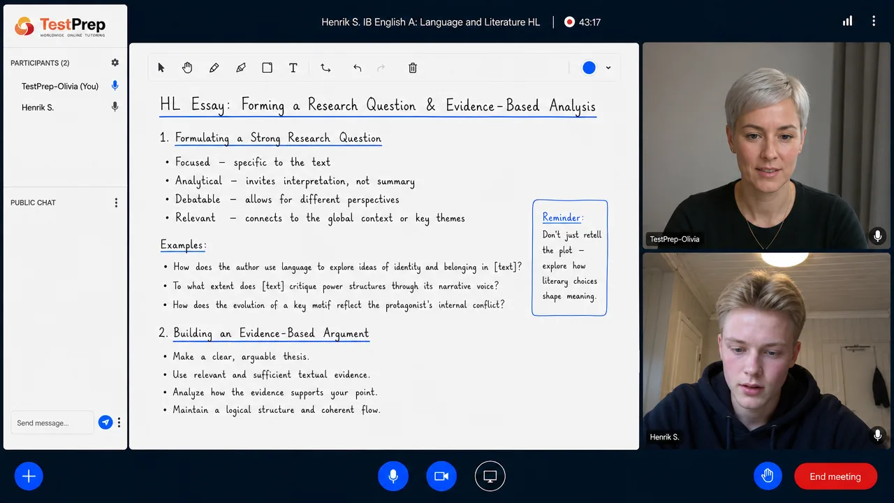 From a TestPrep IB English A: Language and Literature HL private lesson — the HL essay: shaping a focused research question and building an evidence-based argument