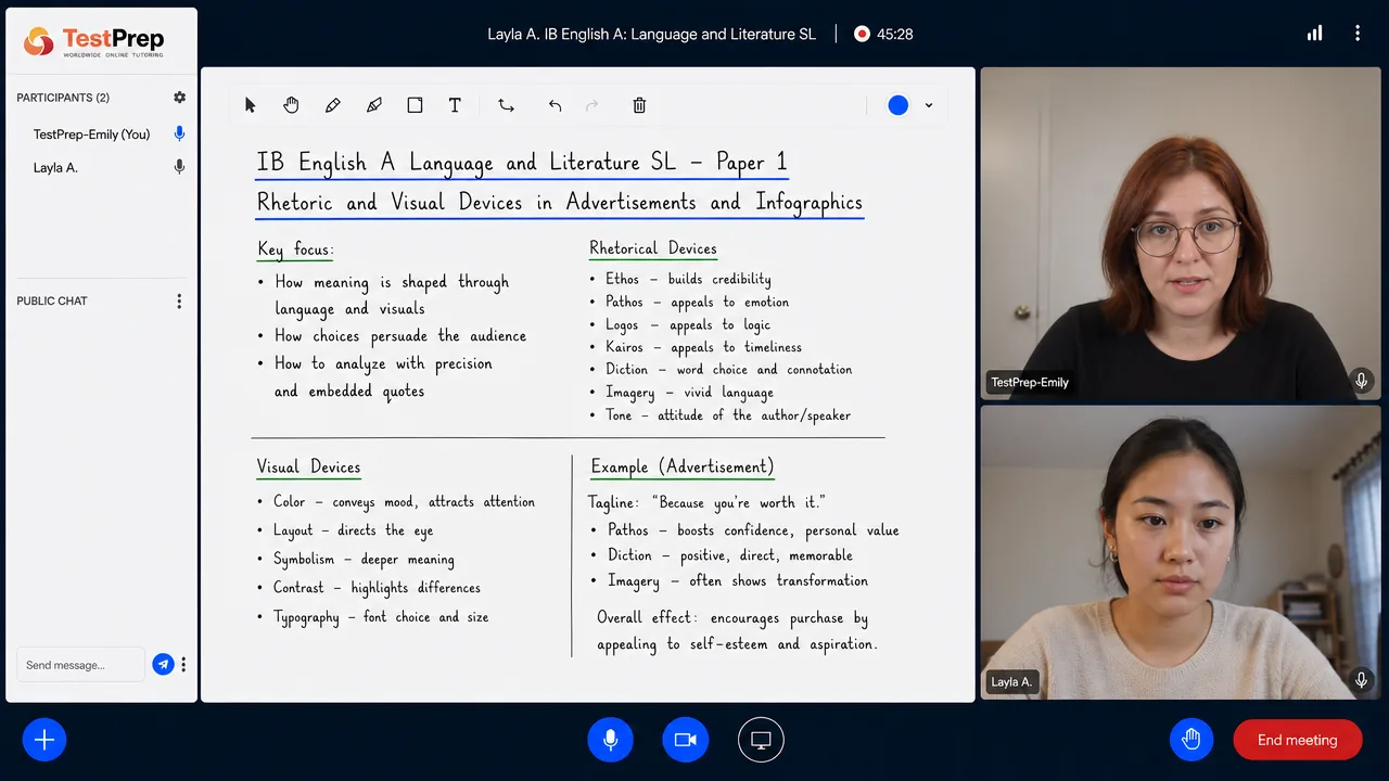 From a TestPrep IB English A: Language and Literature SL private lesson — Paper 1 analysis of advertisements and infographics: rhetorical and visual devices and an annotated tagline