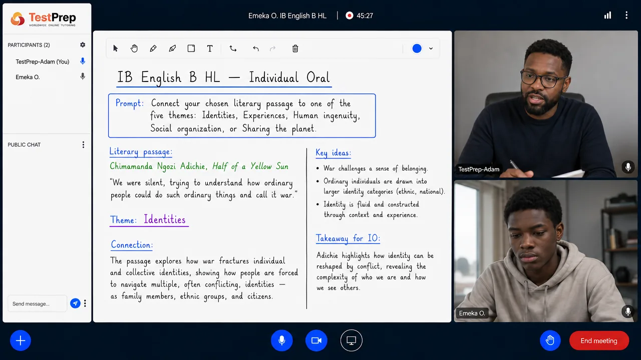 From a TestPrep IB English B HL private lesson — preparing the Individual Oral: linking a literary extract to the theme Identities