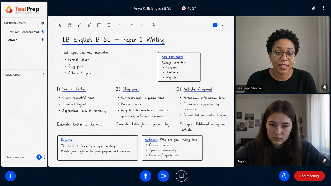 From a TestPrep IB English B SL private lesson — Paper 1 writing: a formal letter, a blog post and an article compared by tone, purpose, audience and register