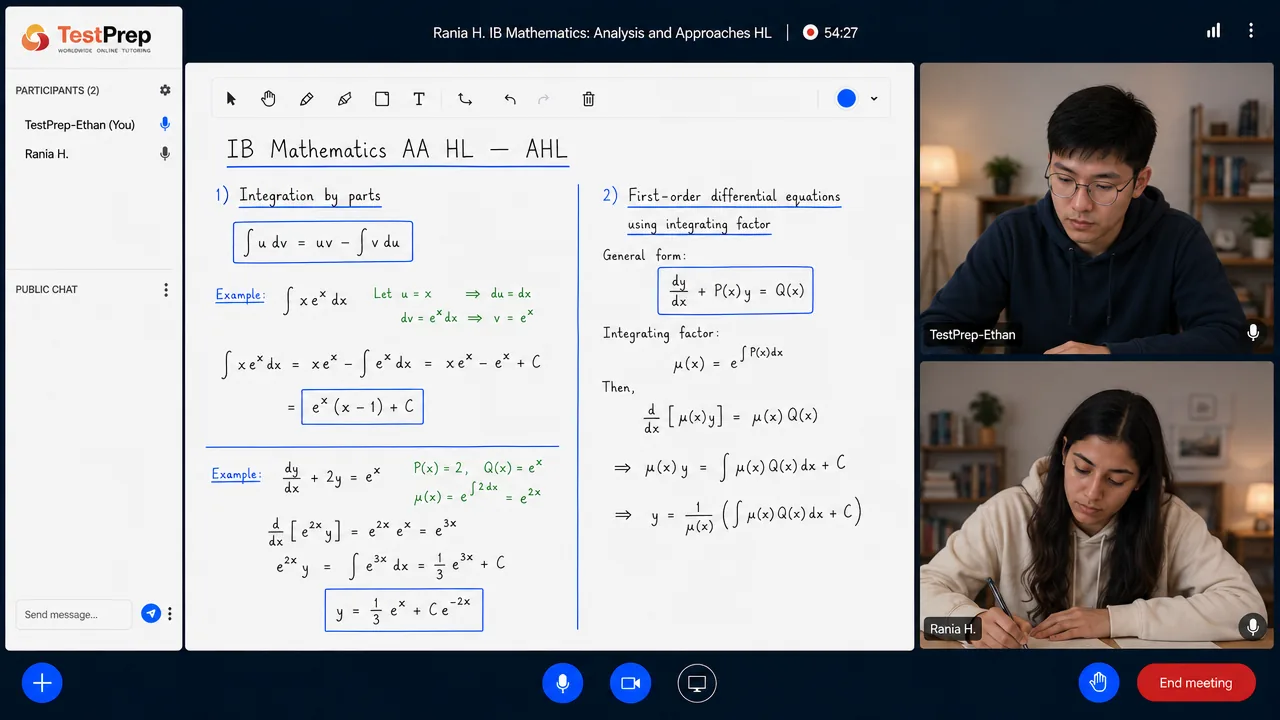 From a TestPrep IB Mathematics: Analysis and Approaches HL private lesson — integration by parts and a first-order differential equation solved with an integrating factor