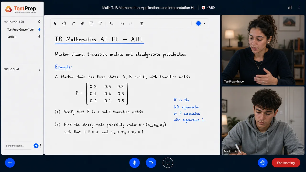 From a TestPrep IB Mathematics: Applications and Interpretation HL private lesson — Markov chains: a three-state transition matrix and its steady-state vector