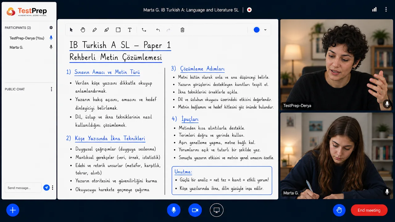 From a TestPrep IB Turkish A: Language and Literature SL private lesson — Paper 1 analysis of persuasive techniques in an opinion column, with guided questions; the board is written in Turkish