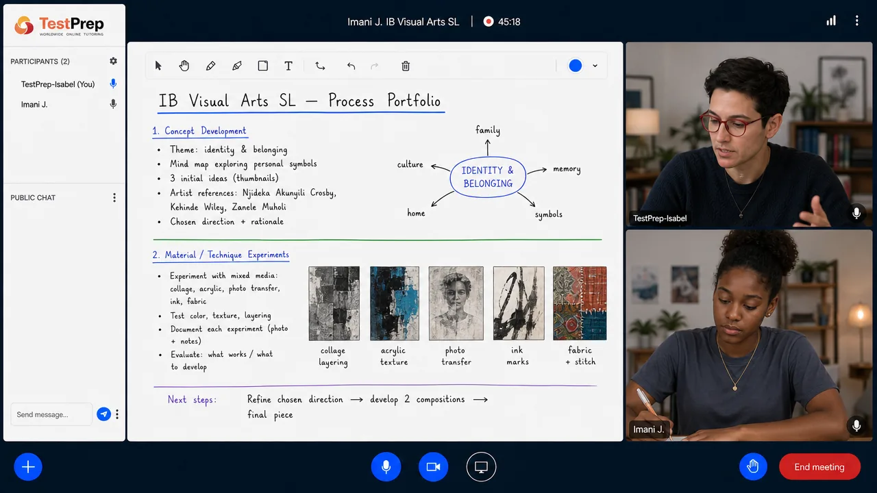 From a TestPrep IB Visual Arts SL private lesson — the process portfolio: concept development around identity with a mind map, artist references and technique experiments