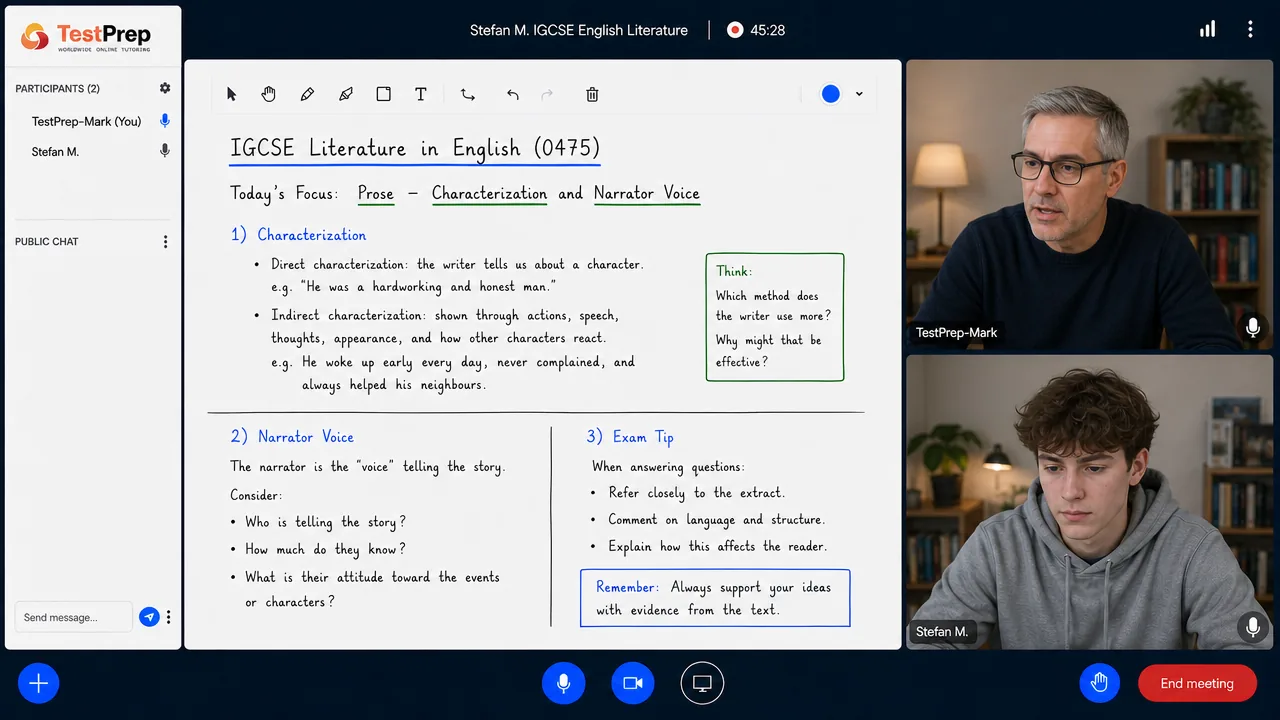 From a TestPrep IGCSE English Literature private lesson — prose: direct and indirect characterisation, narrative voice and tips for extract answers
