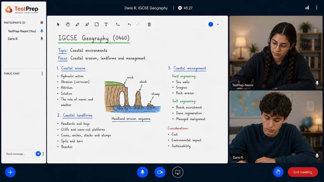 From a TestPrep IGCSE Geography private lesson — coasts: erosion processes, landforms from arch to stump, and hard and soft coastal management
