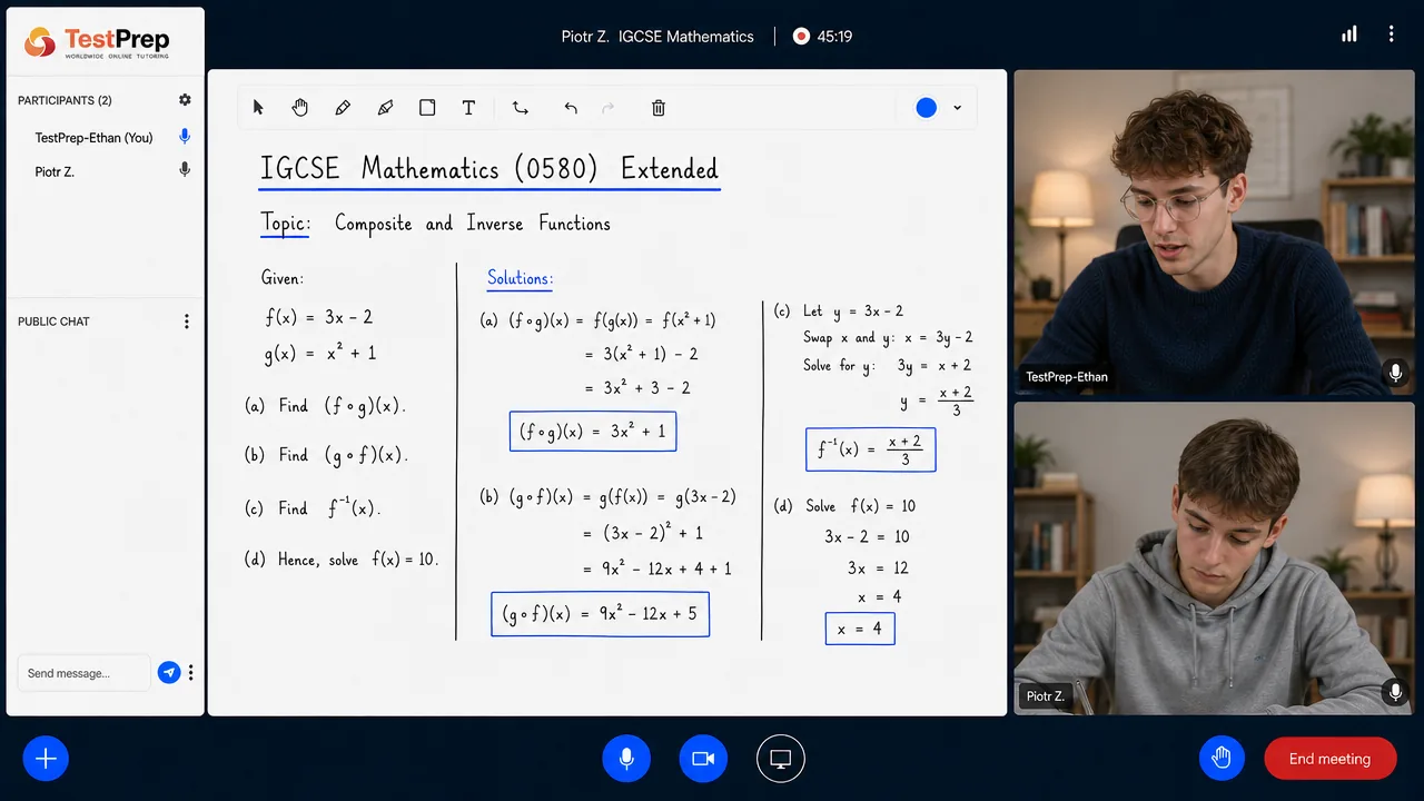 From a TestPrep IGCSE Mathematics private lesson — composite and inverse functions worked step by step