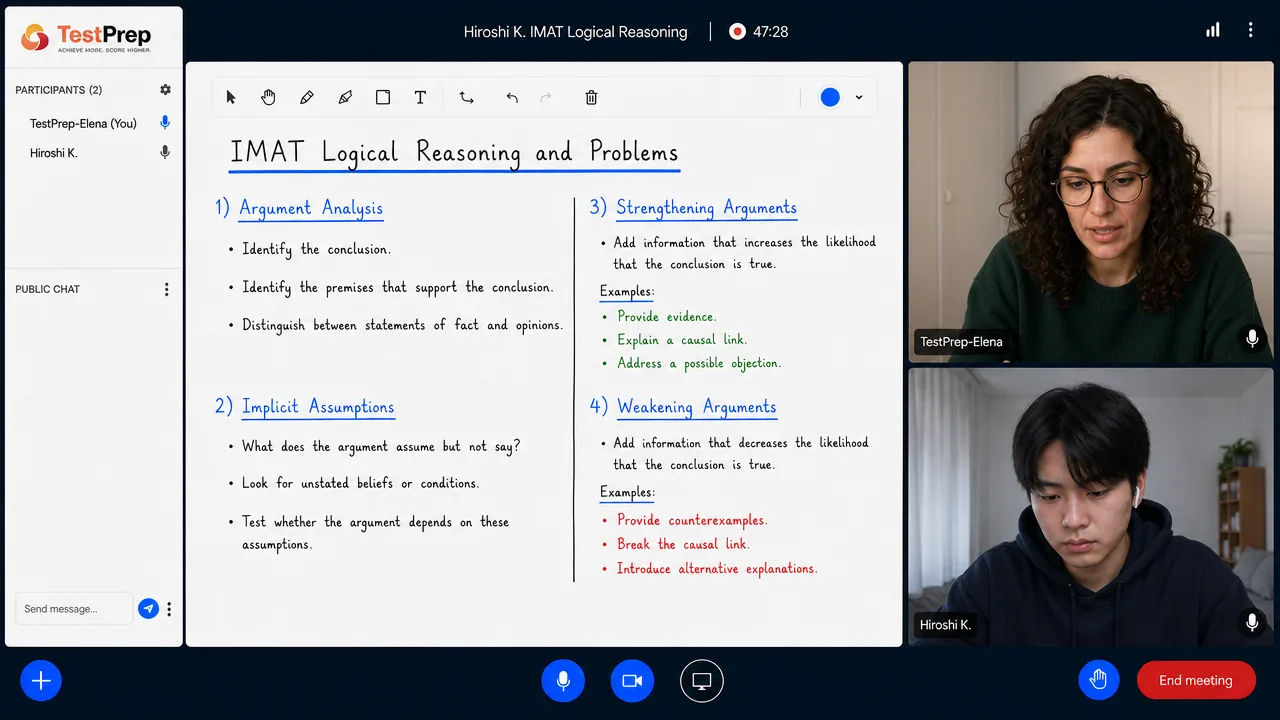From a TestPrep IMAT Logical Reasoning private lesson — analysing an argument's conclusion and premises, spotting assumptions, and strengthening or weakening it