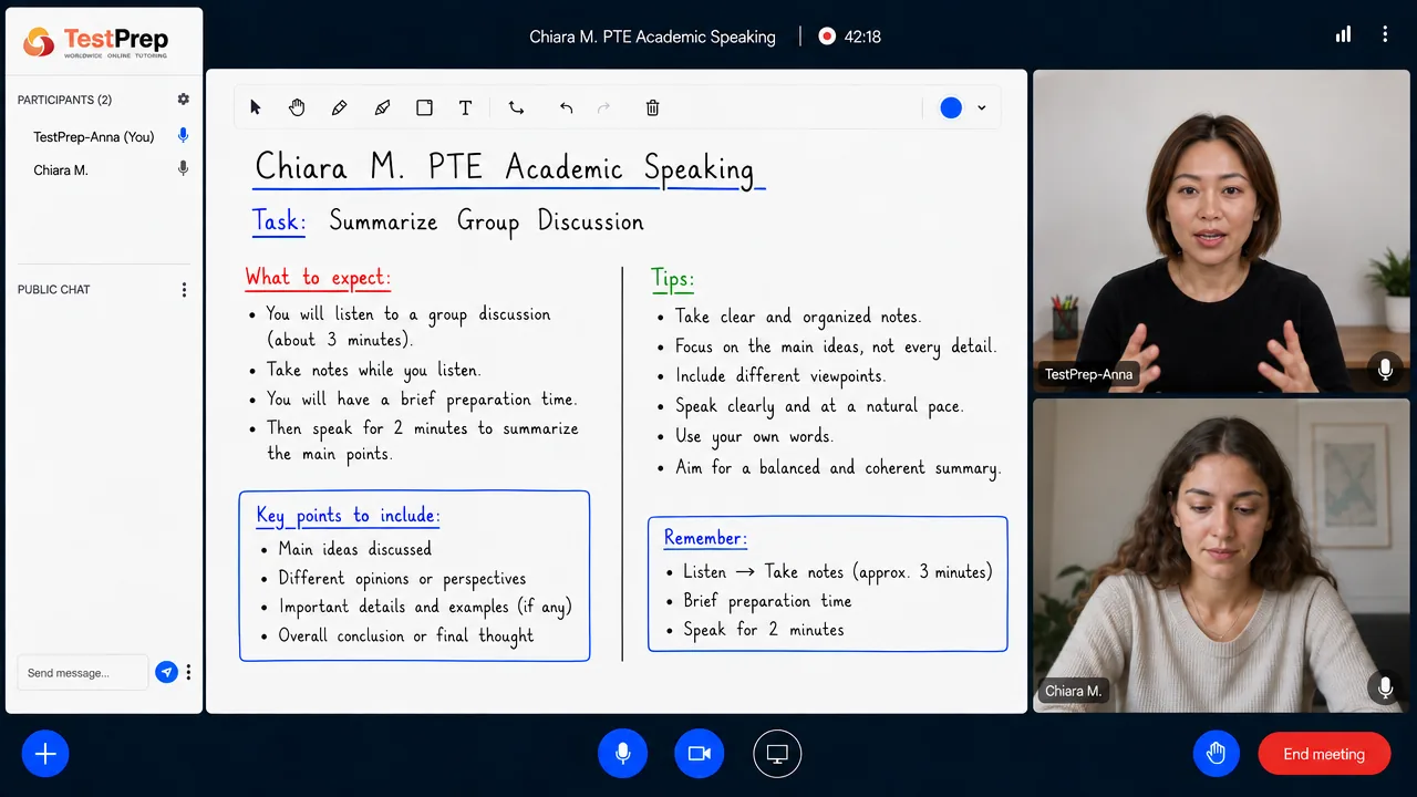 From a TestPrep PTE Academic Speaking private lesson — the Summarize Group Discussion task: listening and note-taking, then a two-minute spoken summary