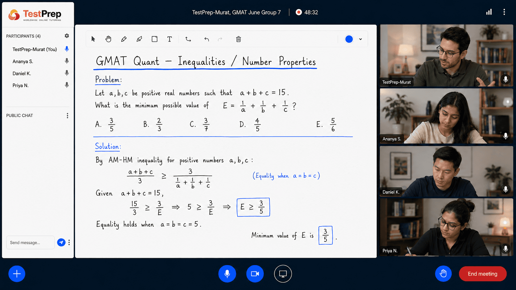 GMAT Quant group lesson: an inequalities and number-properties problem solved on the board with the AM-HM inequality