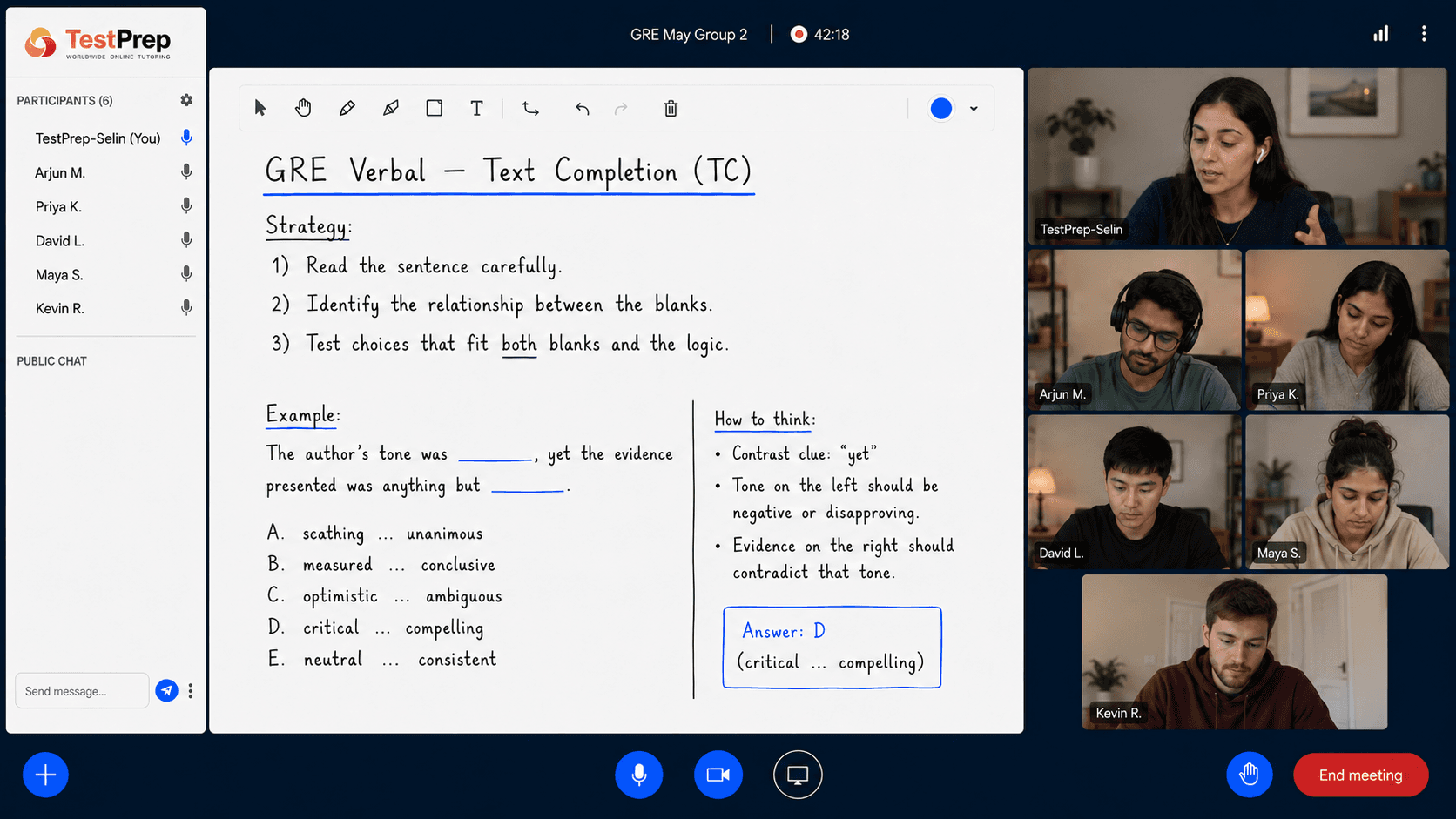 GRE Verbal group lesson: a Text Completion question worked through on the board via its contrast clue