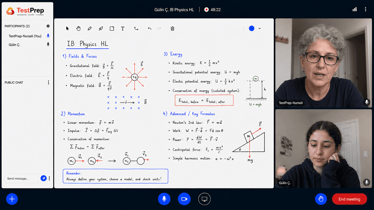 IB Physics HL private lesson: fields and forces, momentum, energy and the key formulas gathered on the board