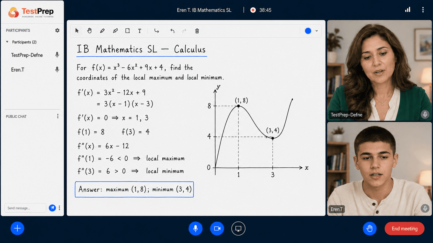IB Mathematics dersinde tahtada türev kullanılarak yerel maksimum ve minimum noktalarının adım adım bulunuşu