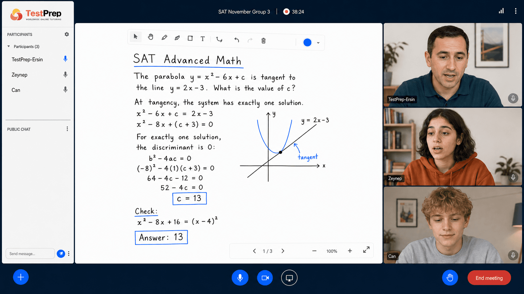 SAT group lesson: an Advanced Math tangency problem solved step by step on the board via the discriminant