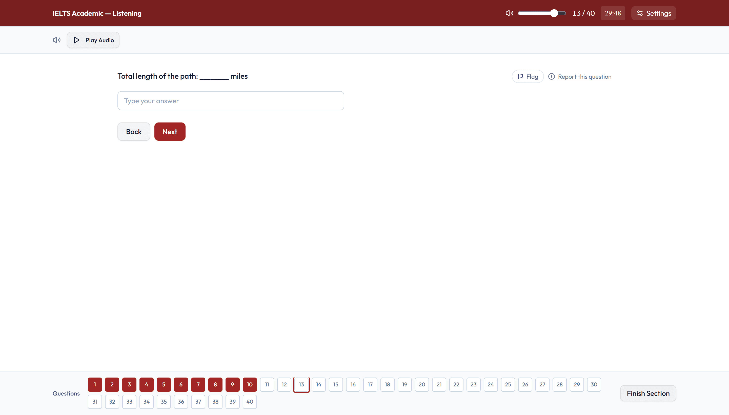 Our IELTS simulator: the Listening section, with the audio control and the 40-question navigator