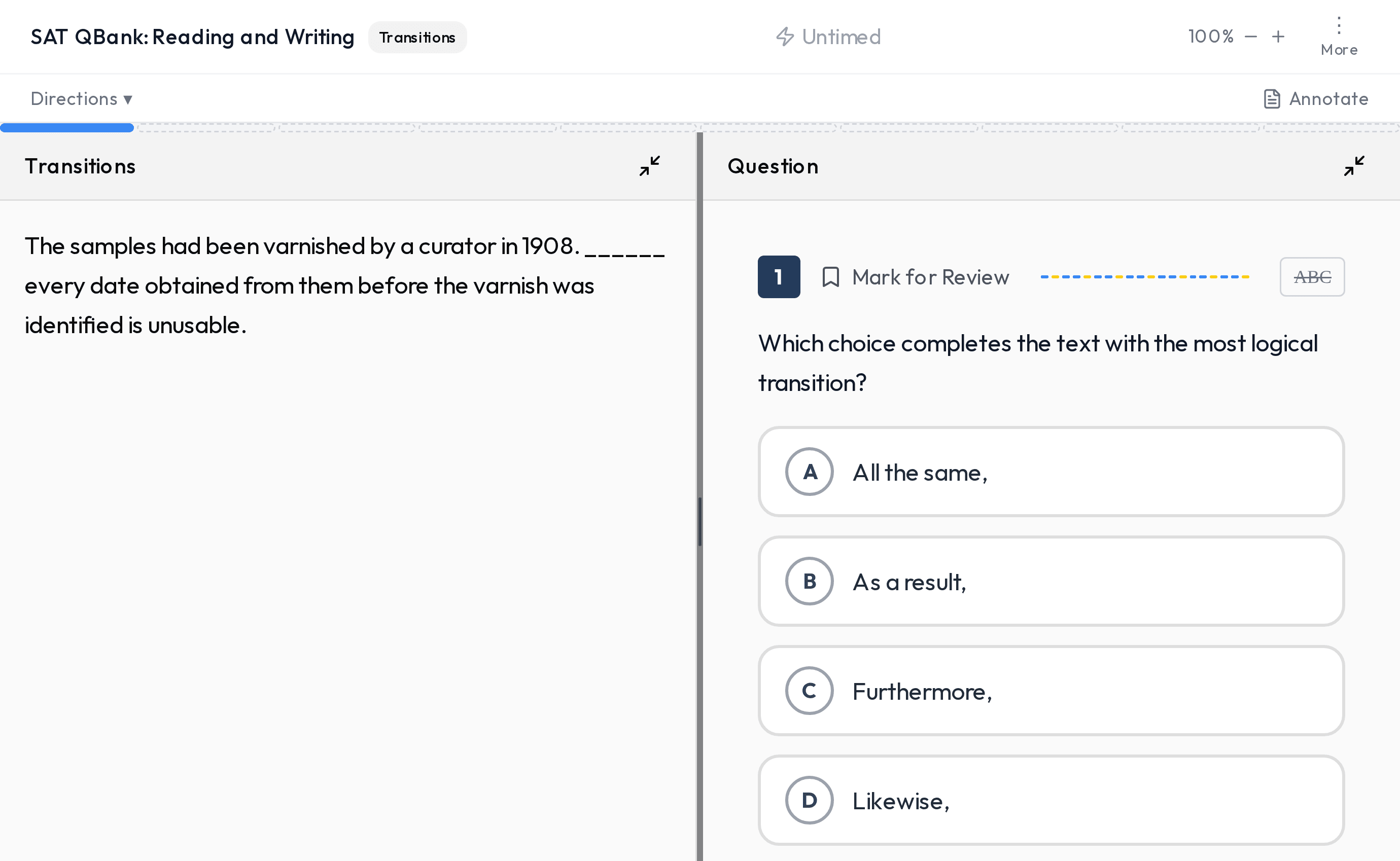 The SAT question bank practice screen: Reading and Writing, a Transitions question from the free sample with four choices