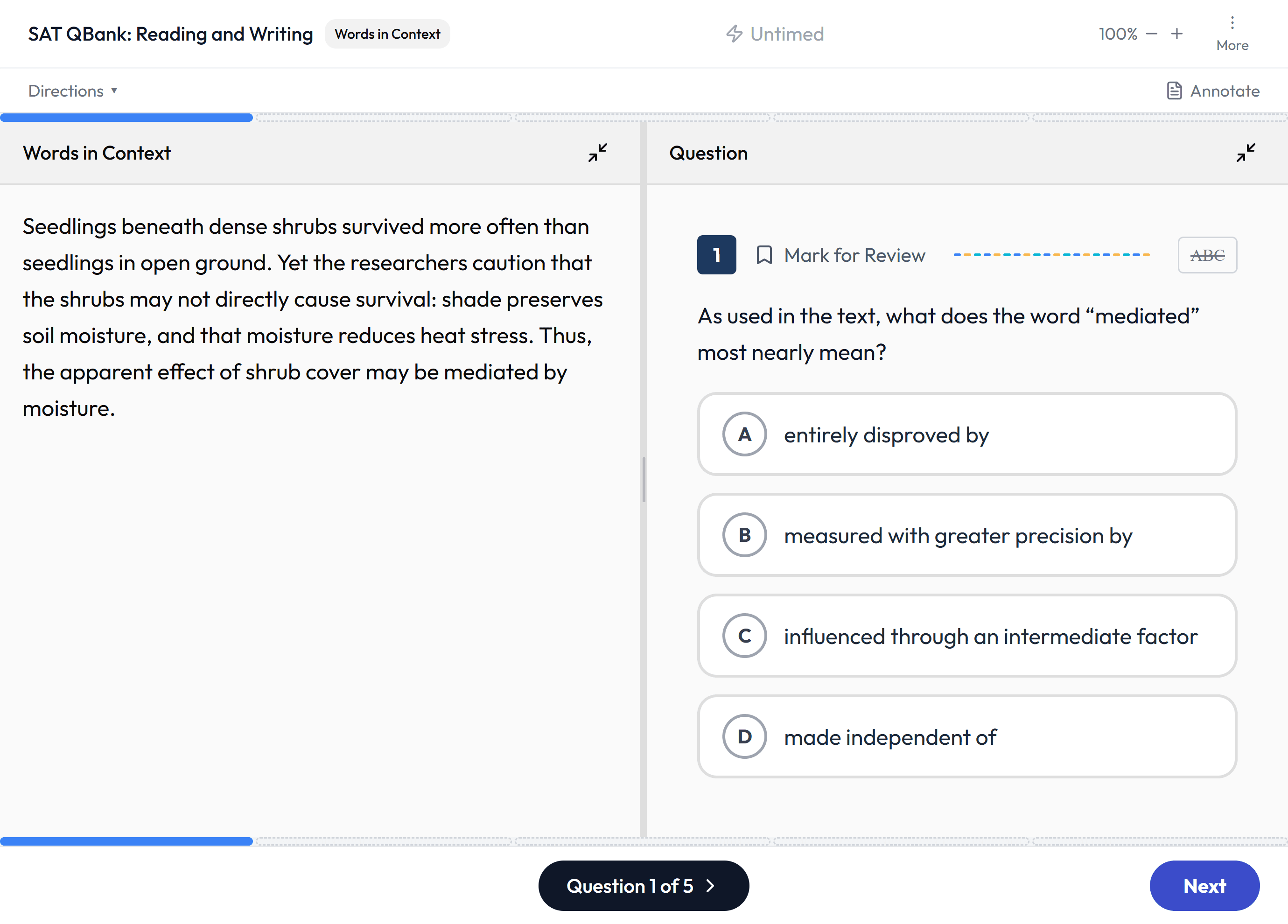 The TestPrep Europe SAT question bank screen: a Words in Context question with the passage, four answer choices and the answer eliminator
