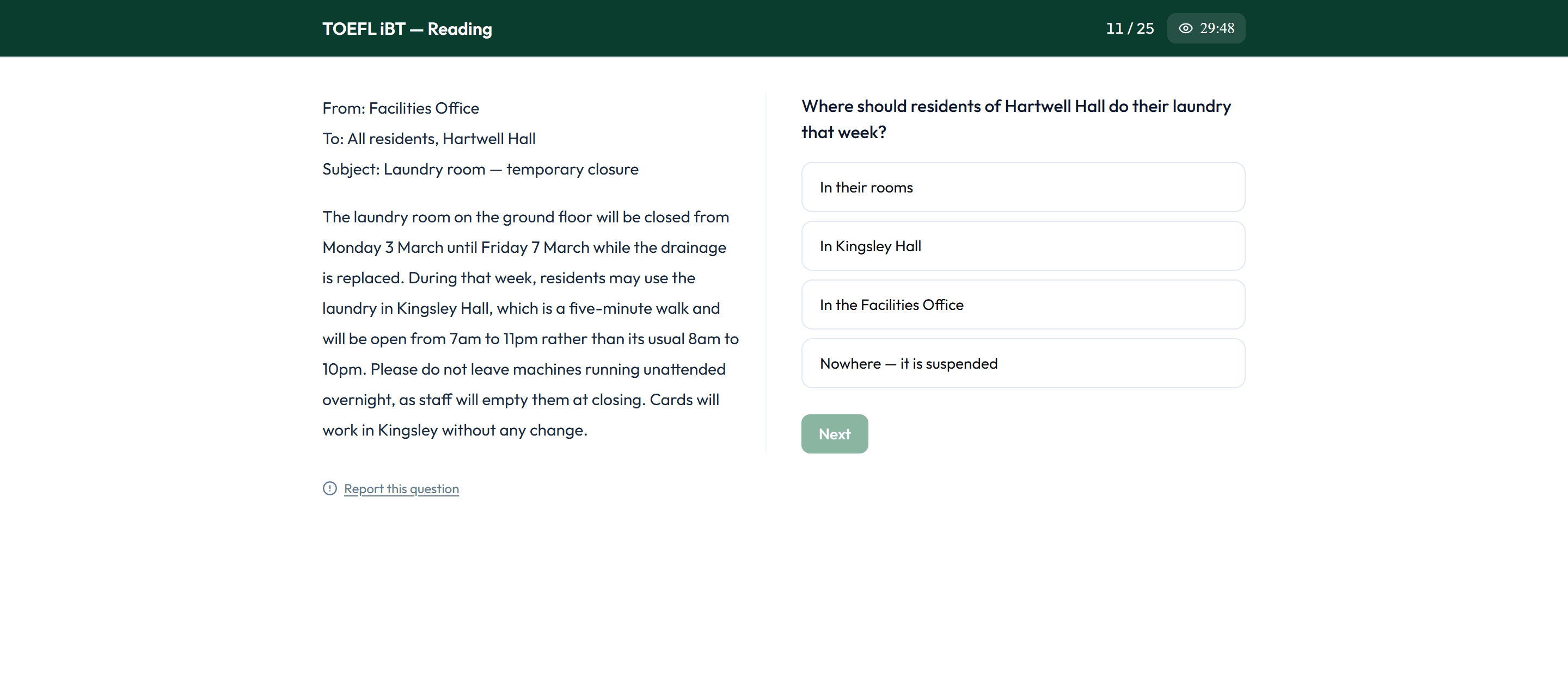 Our TOEFL iBT simulator: a Read in Daily Life email, its question and the section timer