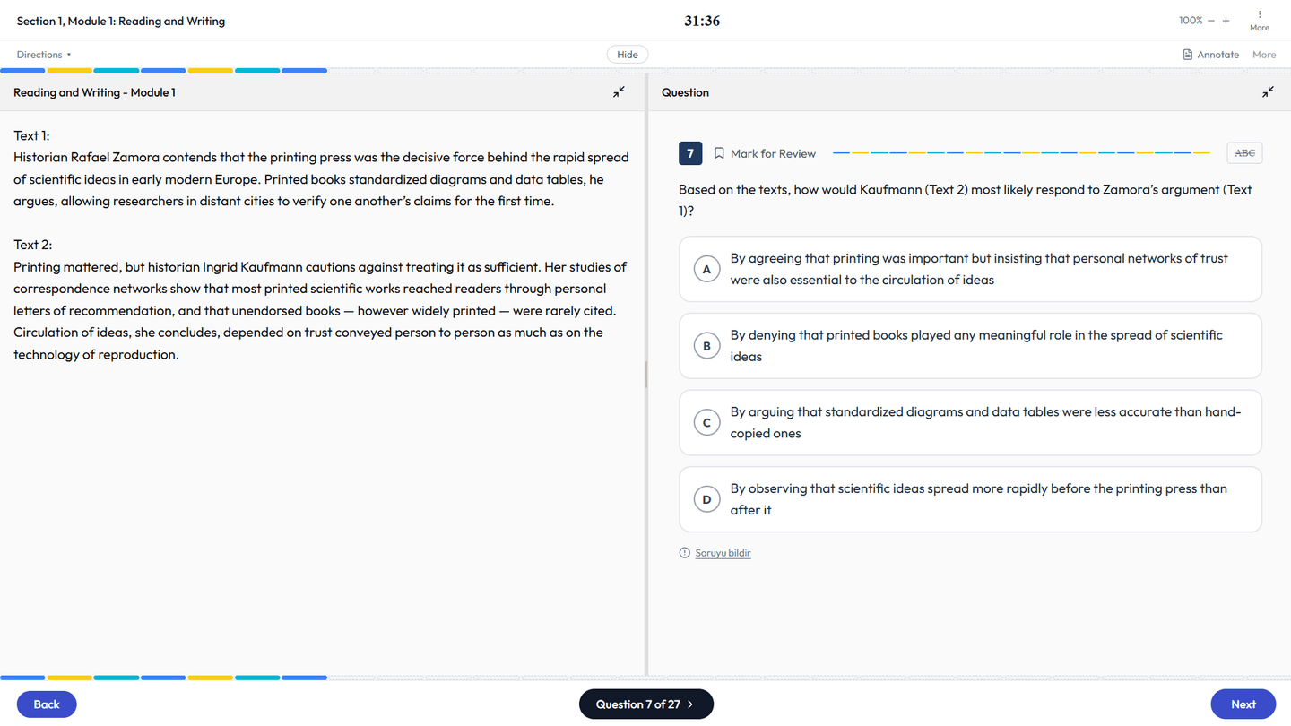 The TestPrep SAT simulator: a Reading and Writing question with the annotate and answer-eliminator tools