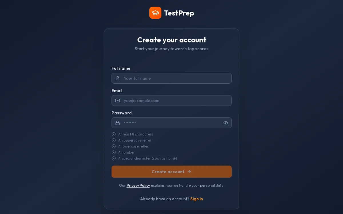 The TestPrep sign-up screen: the Create your account form with name, email and password fields
