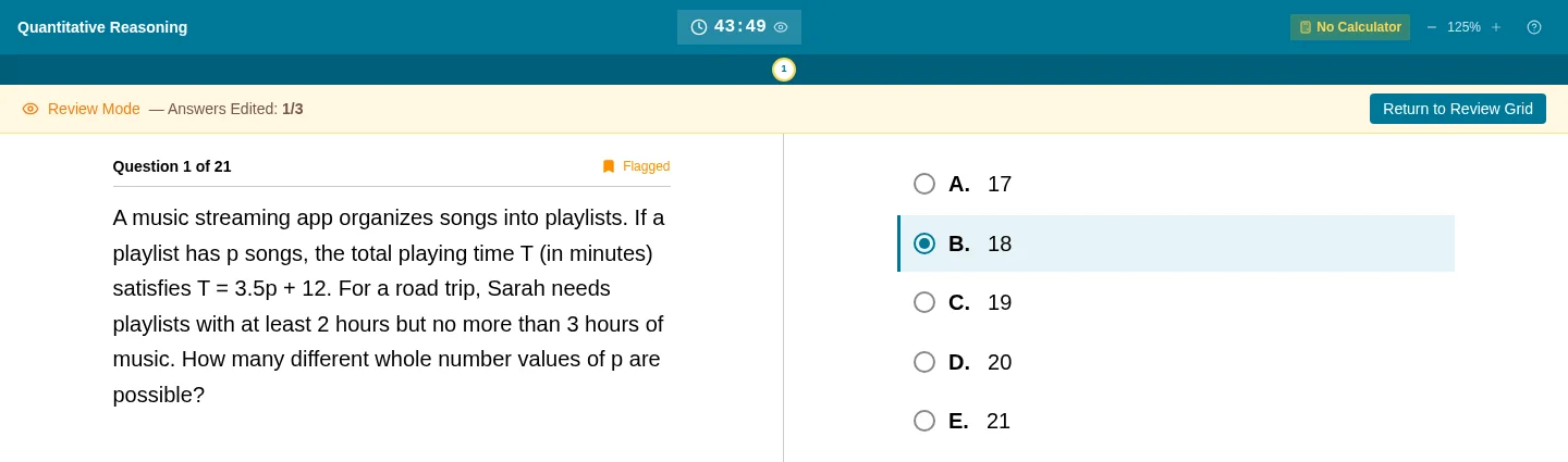 The TestPrep GMAT simulator in review mode: a Quantitative Reasoning question with five choices, the section timer and the answer-edit counter