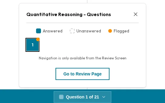 The GMAT question navigator: answered, unanswered and flagged questions, with a link to the review page