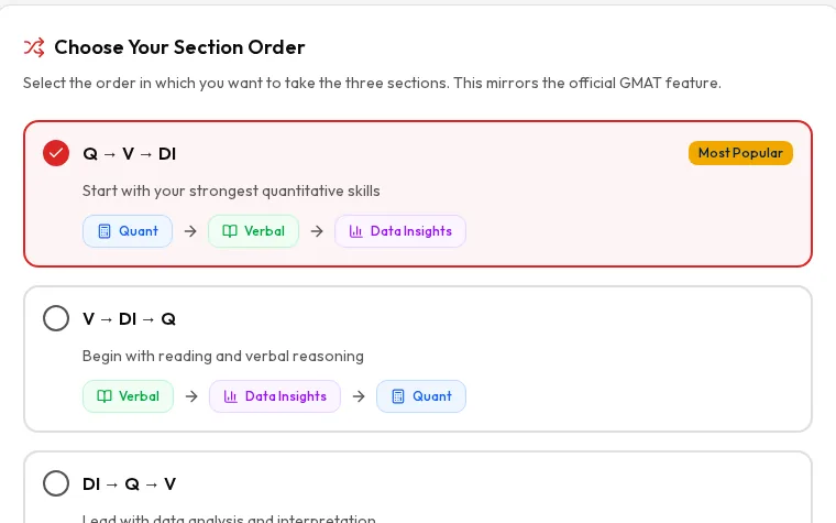 Section-order choice in the GMAT simulator: Q → V → DI selected, with V → DI → Q and DI → Q → V
