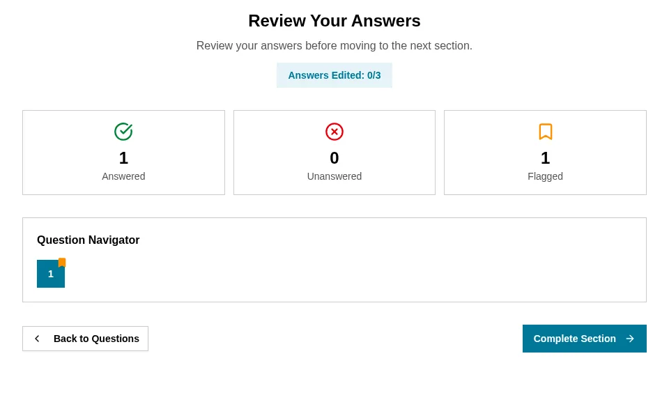 The GMAT section review screen: answered, unanswered and flagged counts, the question navigator and 0 of 3 answer edits used