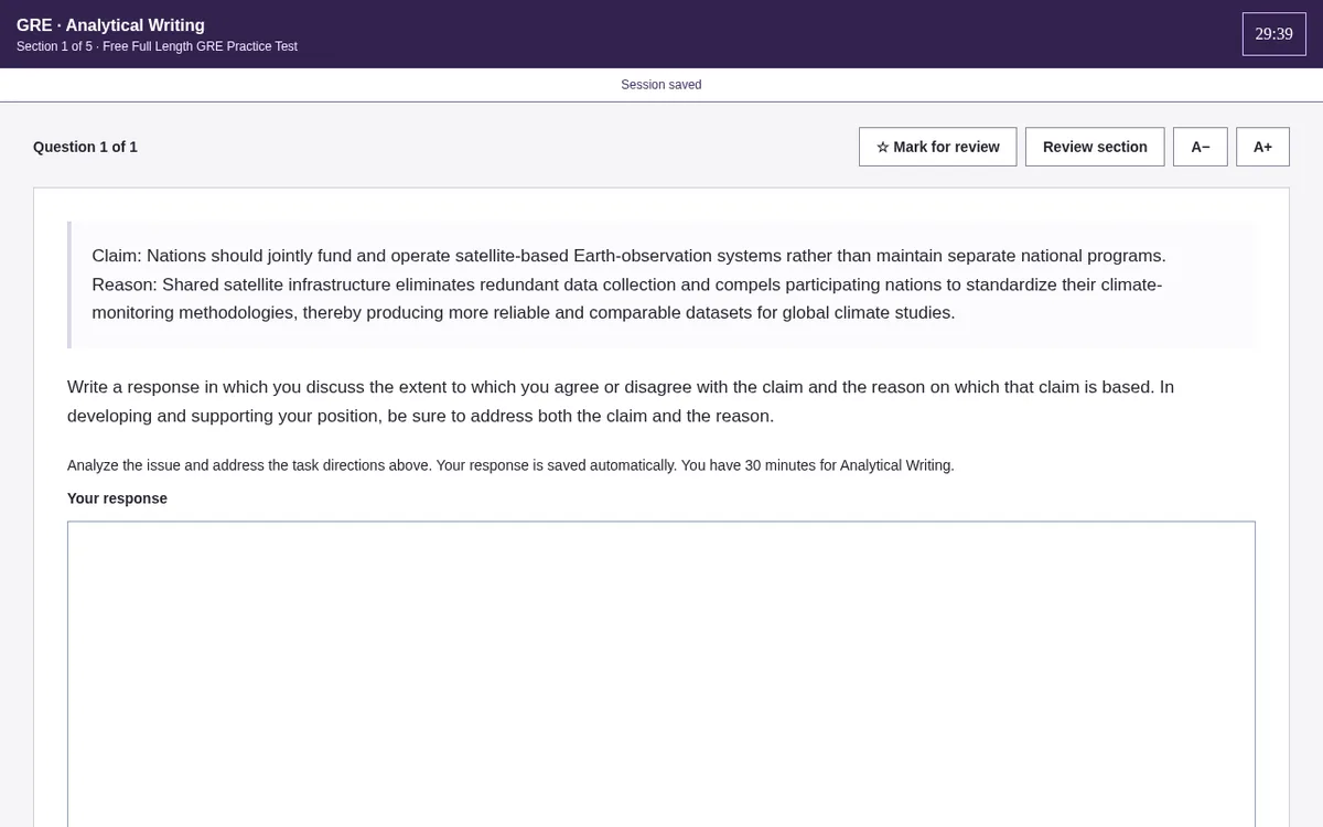 The Analytical Writing task in the GRE simulator: claim and reason, directions, response box and timer