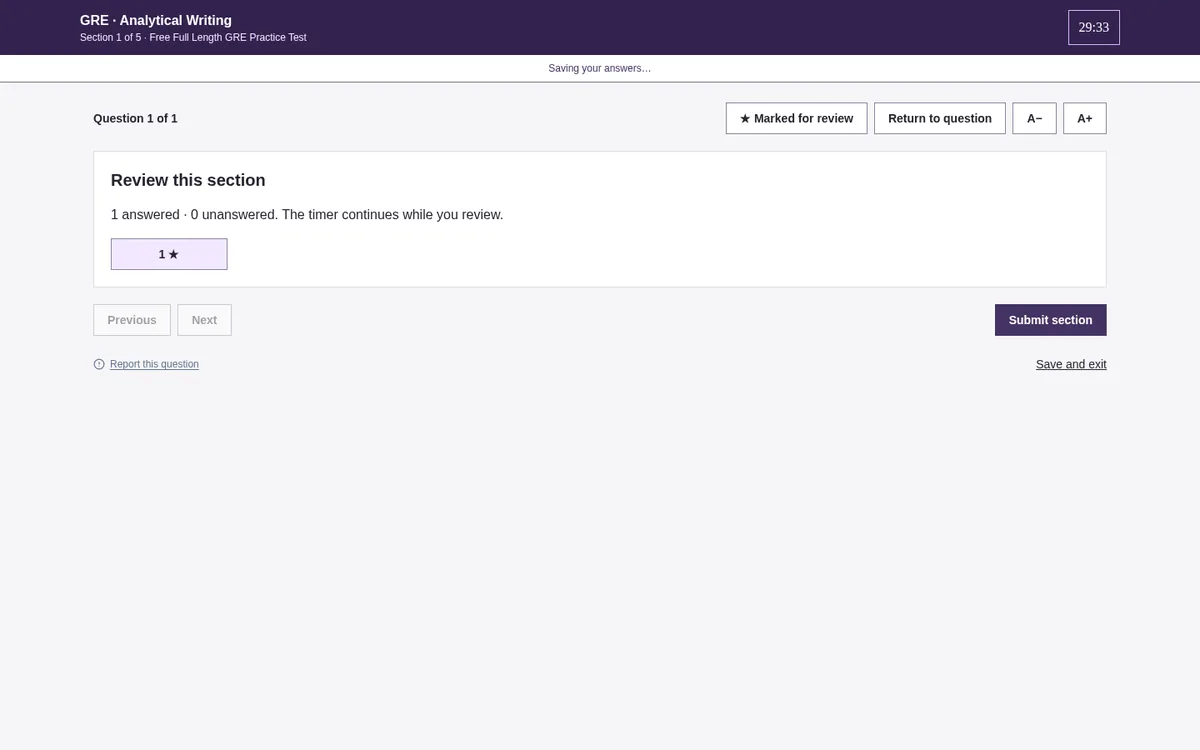 The GRE section review screen: answered and unanswered counts and a question marked for review