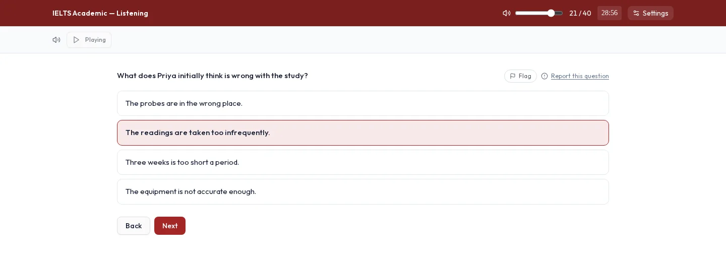 The TestPrep IELTS simulator: a Listening multiple-choice question with the audio bar, the timer and a chosen option
