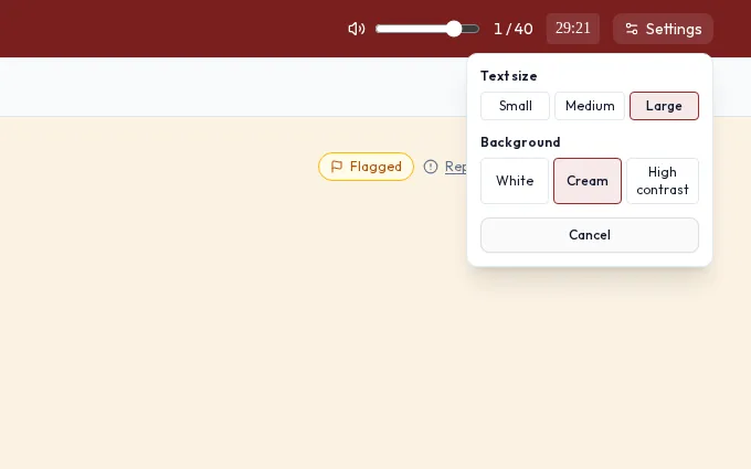 Settings in the IELTS simulator: large text, cream background and a flagged question