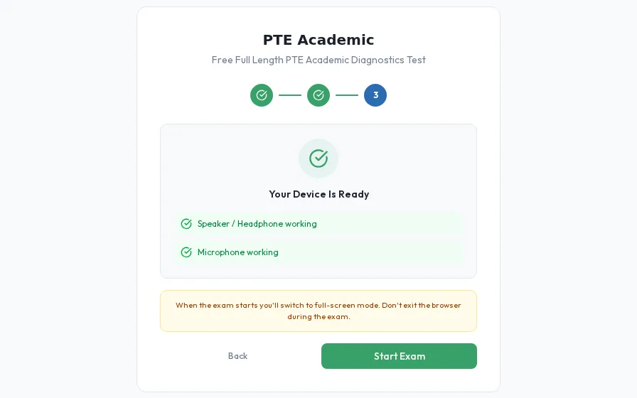 PTE Academic device check: speaker/headphone and microphone working, with the Start Exam button