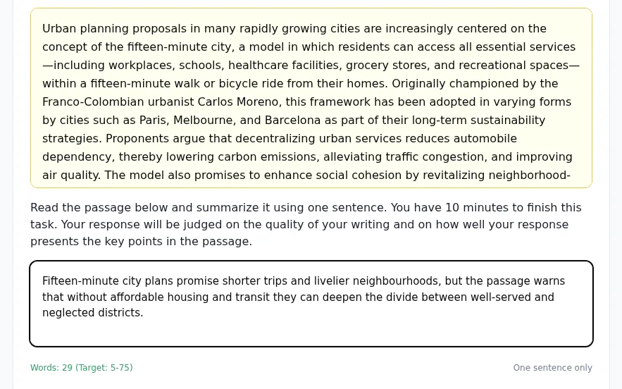 The PTE Summarize Written Text task: the passage, the one-sentence summary box and the word count with its target range