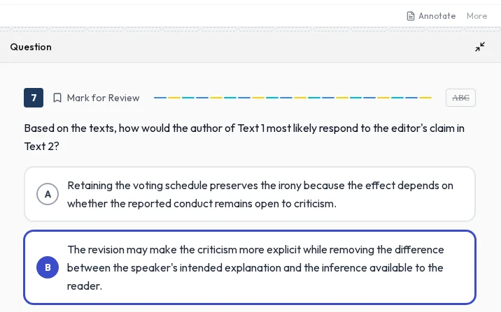 An SAT Reading and Writing question: Mark for Review, the answer eliminator, the question and two of its choices