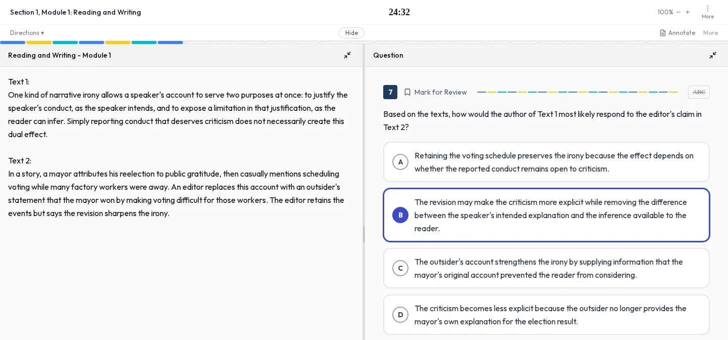 The TestPrep SAT simulator: a Reading and Writing question with two texts, four choices, Mark for Review and the answer eliminator