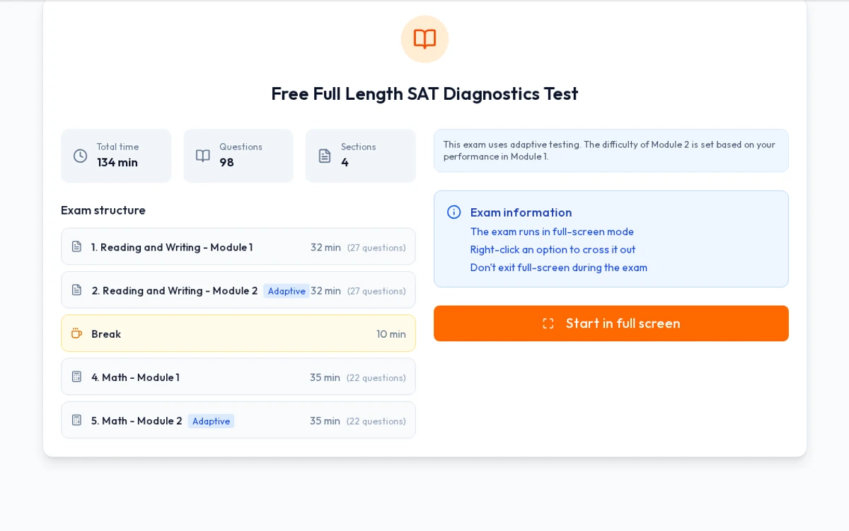 Start screen of the free SAT diagnostic test: 98 questions, 134 minutes and the list of sections