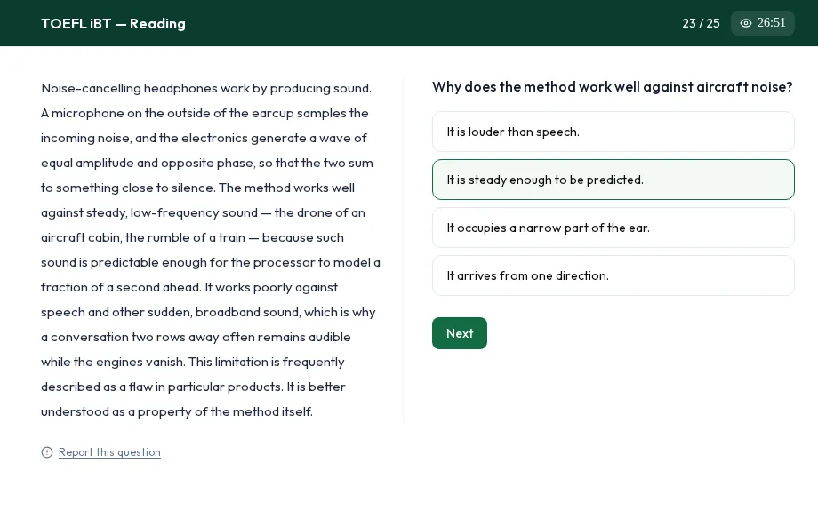 TOEFL Reading, Read an Academic Passage: the passage on the left, the question and a chosen option on the right
