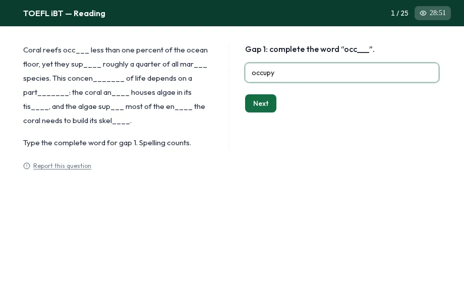 TOEFL Reading, Complete the Words: a paragraph with gapped words and a completed word