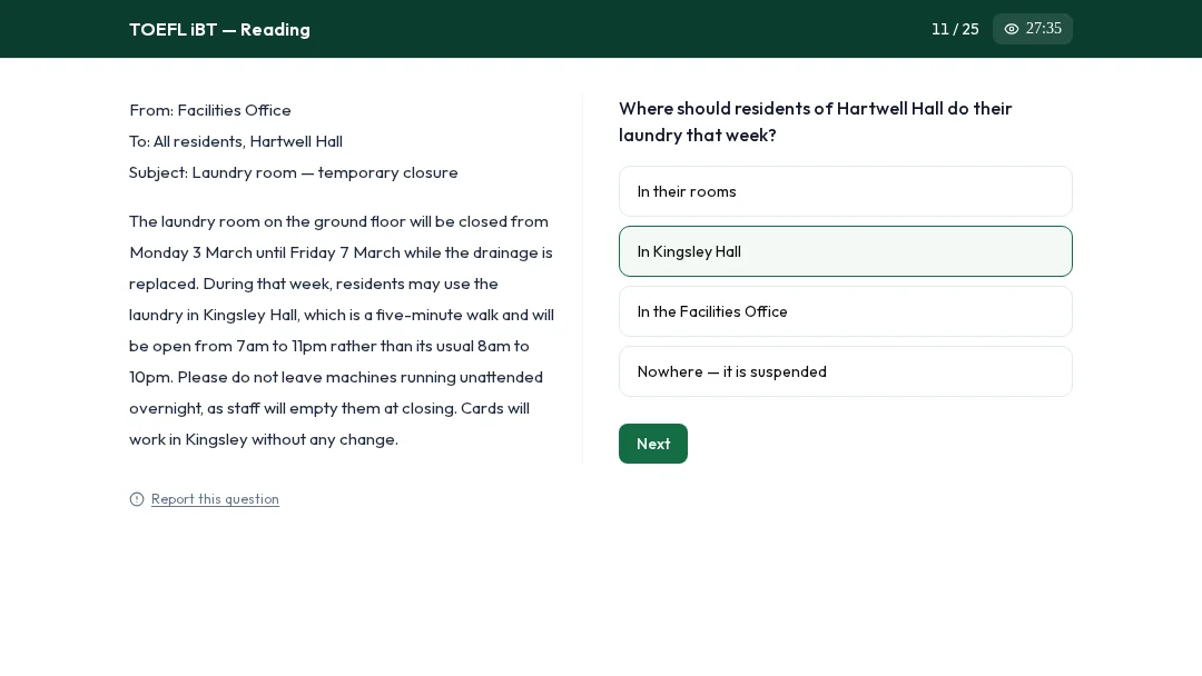 The TestPrep TOEFL iBT simulator: a Read in Daily Life notice and its question side by side