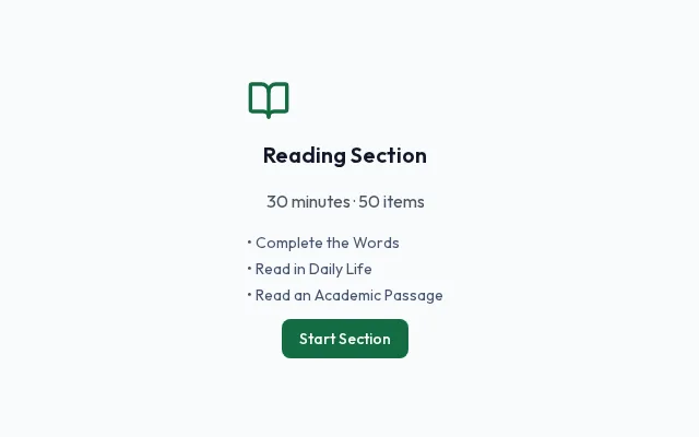 TOEFL Reading section instructions: the three task types and the Start Section button