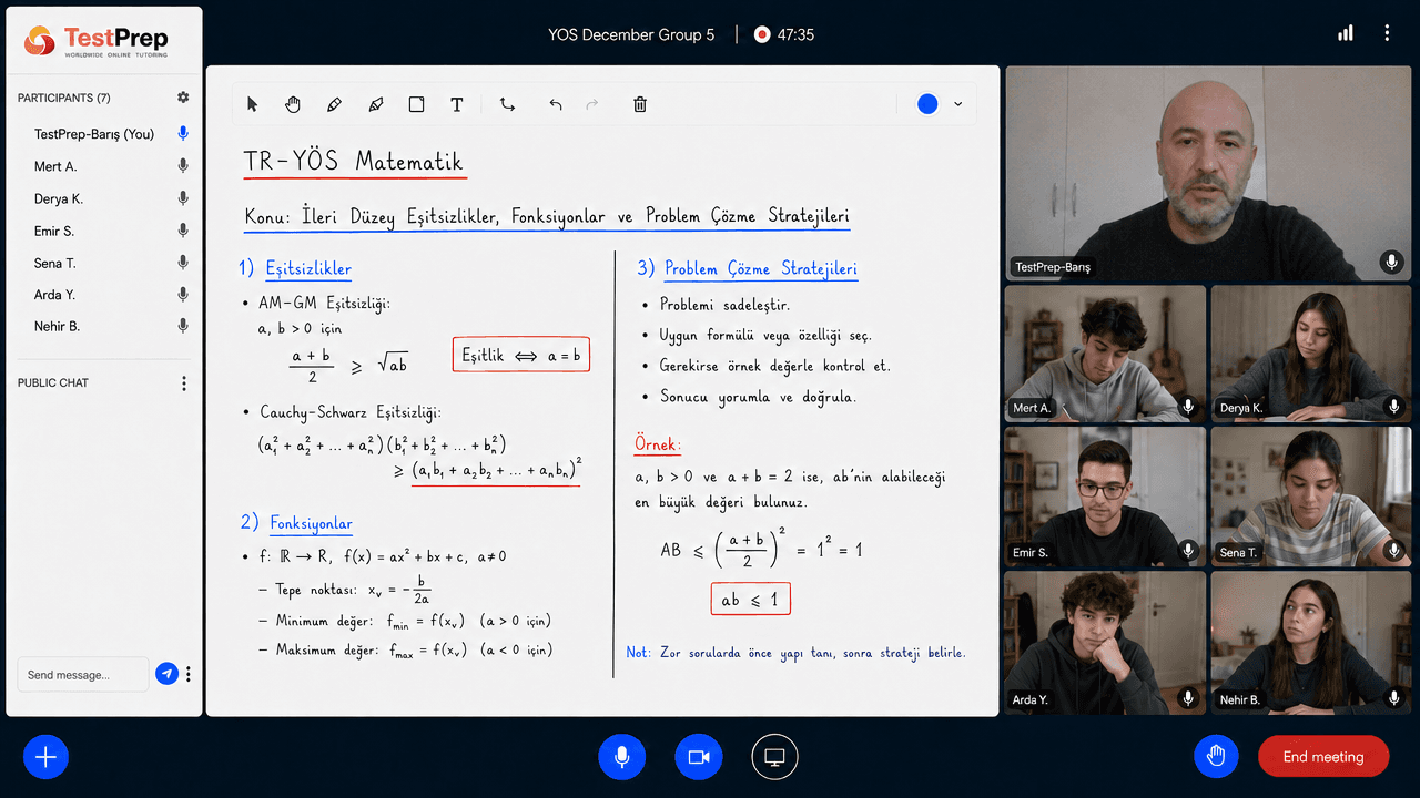 TR-YOS Mathematics group lesson: the AM-GM and Cauchy-Schwarz inequalities, functions and problem-solving strategy on the board